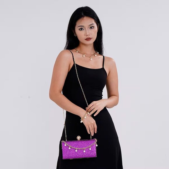 3 Piece Set Purple Clutch Crossbody Handbag Pearl Bracelet & Chain